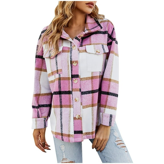 2024 Autumn and Winter Fashion Plaid Jackets for Womens Plus Size Casual Plaid Turndown Button Cardigan Coat