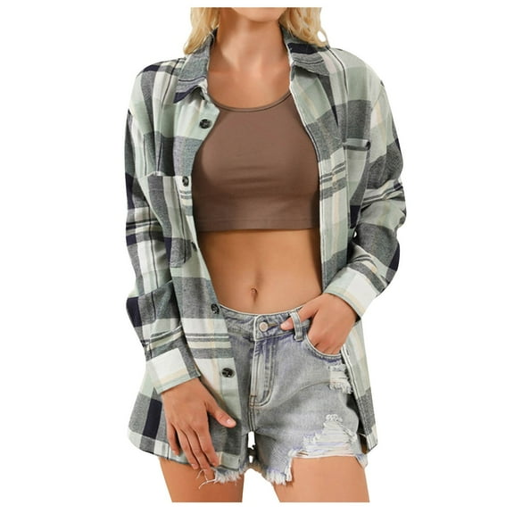 2024 Autumn and Winter Fashion Plaid Jackets for Womens Plus Size Casual Tops Loose Plaid Printed Long-Sleeved Lapel Tops/Shirts