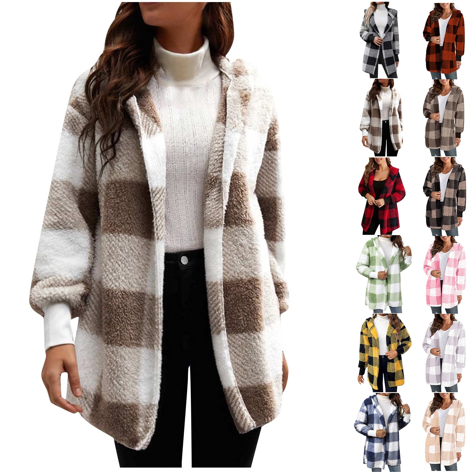2024 Autumn and Winter Fashion Plaid Jackets for Womens Plus Size Coat Long Sleeve Plaid Faux Shearling Oversized Jacket