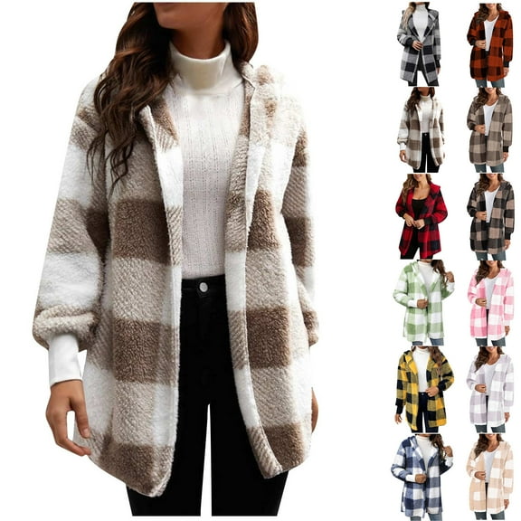2024 Autumn and Winter Fashion Plaid Jackets for Womens Plus Size Coat Long Sleeve Plaid Faux Shearling Oversized Jacket Save to 65% off!