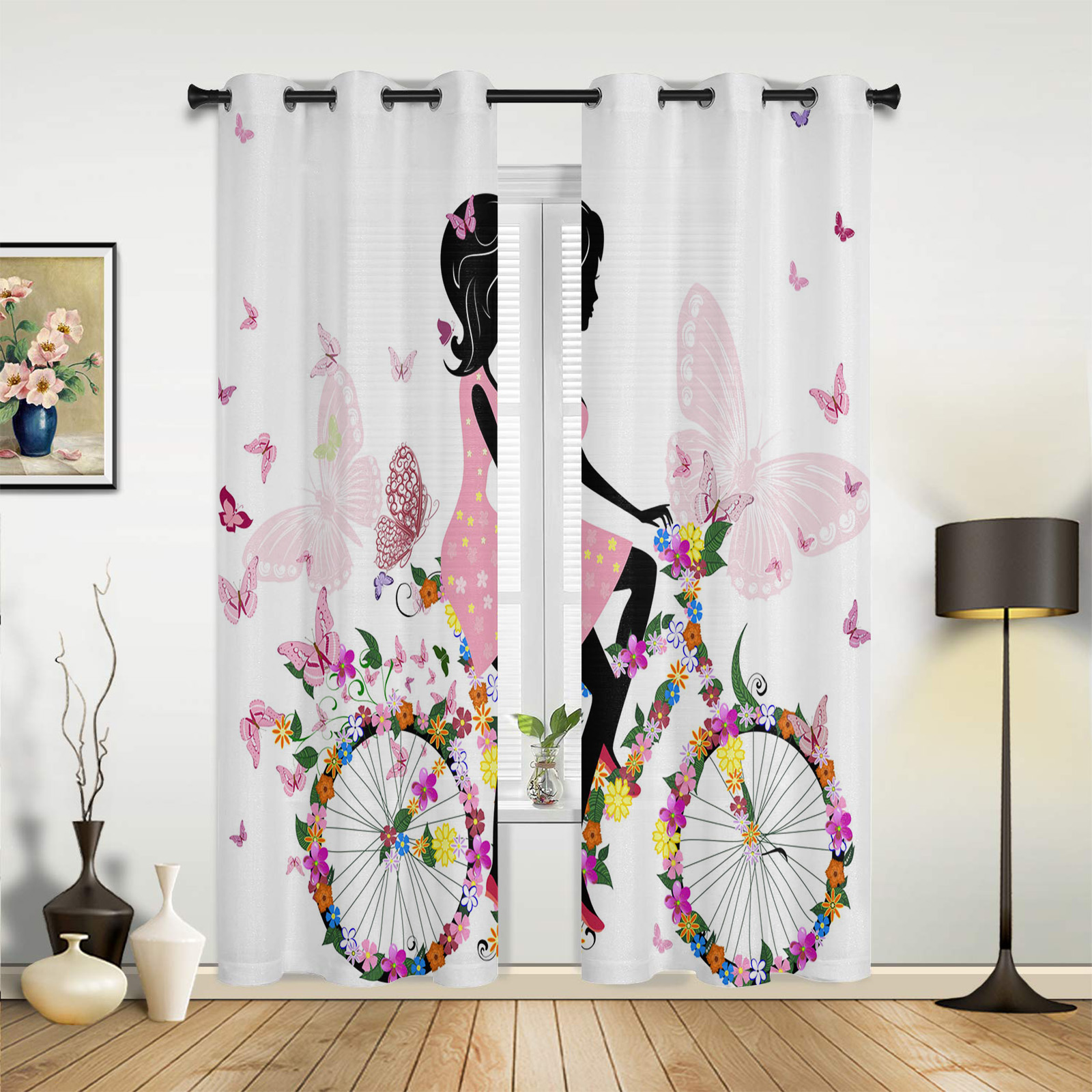 2024 Ballet Dancer Girl Pink Flower Butterfly Curtains for Bedroom