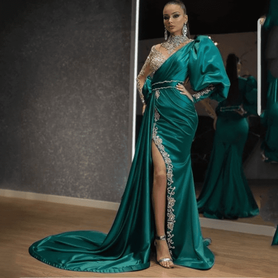 2024 Banquet Evening Dress With Silver Sequins On The Tail Of The Host Model Slimming Team Performance Costume Stage Dress-GreenL