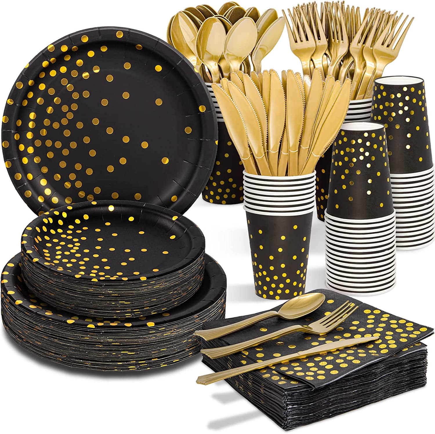 Black and Gold 350PCS Disposable Party Dinnerware Set