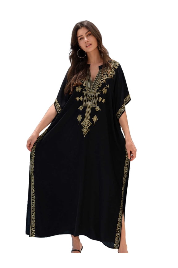 2024 Boho Gold Embroidery Printed Batwing Sleeve Kaftan Dress For Women Sexy V Neck Beachwear Vacation Swimsuit Cover-ups