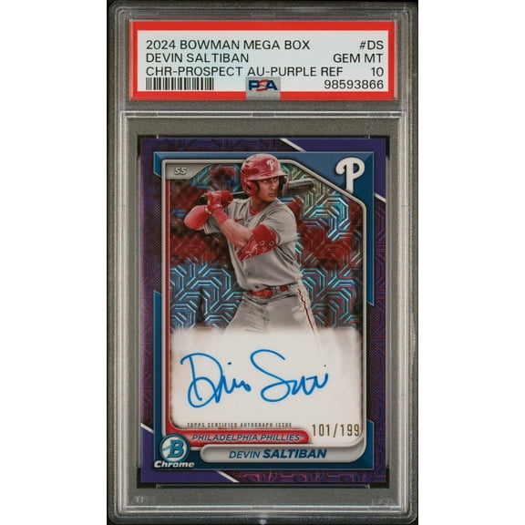2024 Bowman Mega Box Chrome Bowman Prospect Mega Autographs Devin Saltiban #DS Chr-Prospect Au-Purple Ref /199 PSA 10