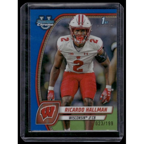 2024 Bowman University Chrome Blue Refractor SN #152 Near Mint Ricardo Hallman Wisconsin Badgers Football Card