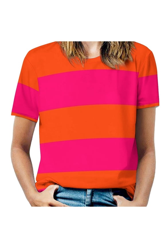 2024 Bright Neon Pink And Orange Horizontal Cabana Tent Stripes Ruffle Short Sleeve T Shirts Summer V Neck Tops Fashion Casual Tee