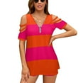 thumbnail image 1 of 2024 Bright Neon Pink And Orange Horizontal Cabana Tent Stripes Ruffle Short Sleeve T Shirts Summer V Neck Tops Fashion Casual Tee, 1 of 5