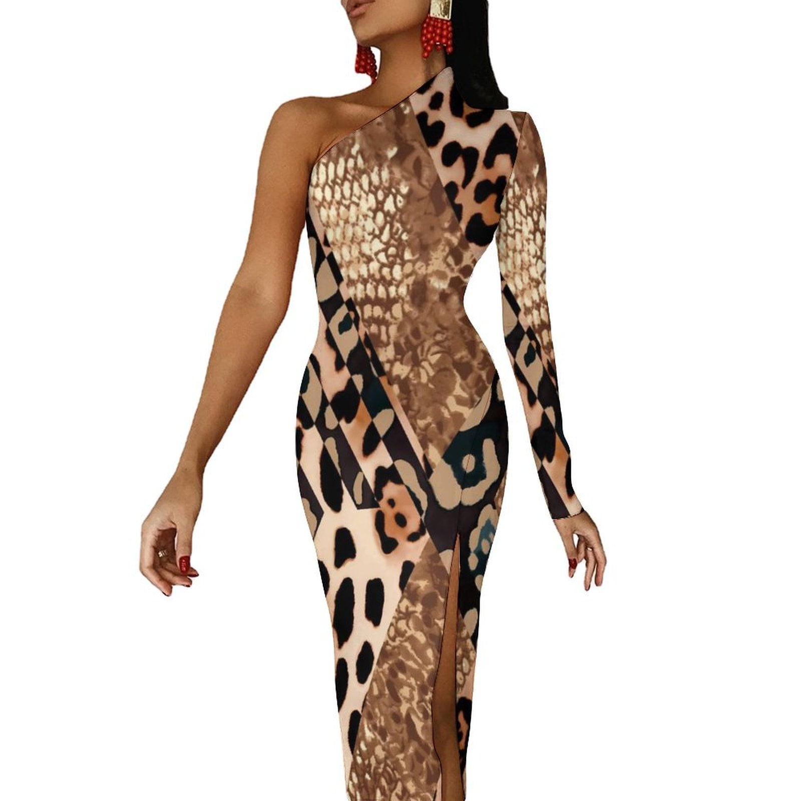 2024 Brown Snakeskin Bodycon Dress Spring Animal Print Elegant Side Split Long Dresses Long Sleeve Custom Party Dress Walmart
