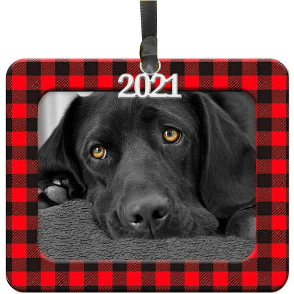 2024 Buffalo Plaid Photo Ornament, Magnetic Easy-Load + Photo Protector, Horizontal, Red & Black Plaid