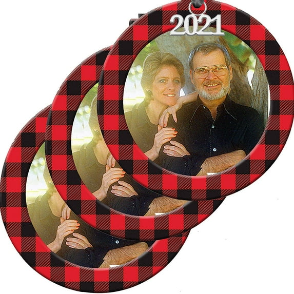 2024 Buffalo Plaid Photo Ornament, Magnetic Easy-Load + Photo Protector, Round, Red & Black Plaid 3-Pack