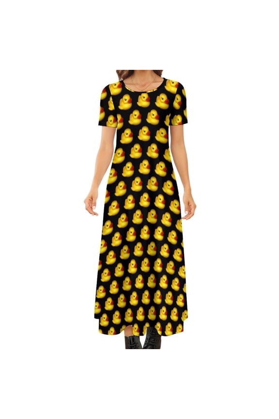 2024 Bunch of Rubber Ducks Dress Yellow Animal Kawaii Maxi Dress Aesthetic Bohemia Long Dresses Women Short Sleeve Big Size Clothes