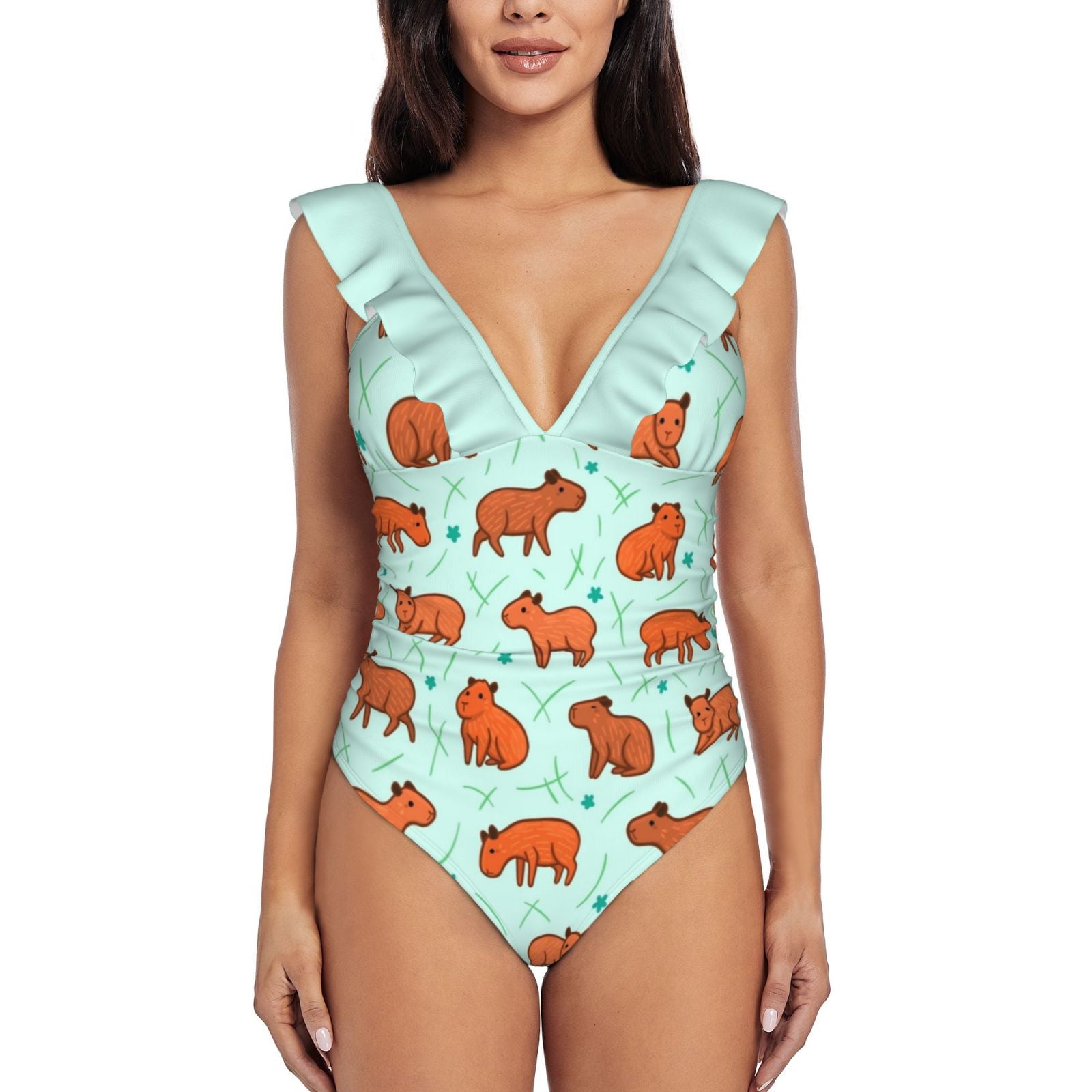 2024 Capybara Pattern Women'S Ruffle One Piece Swimsuit 2024 Capybara Pattern Women'S Ruffle One Piece Swimsuit