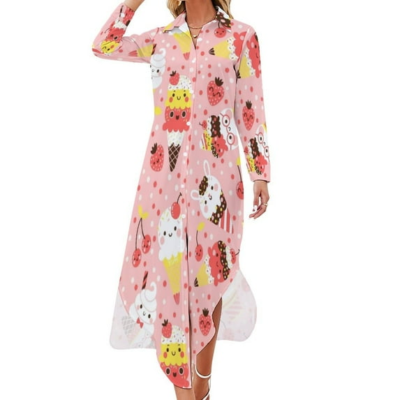 2024 Cartoon Ice Cream Casual Dress Foodie Aesthetic Dresses Long Sleeve Trendy Chiffon Dress Womens V Neck Pattern Oversized Clothes