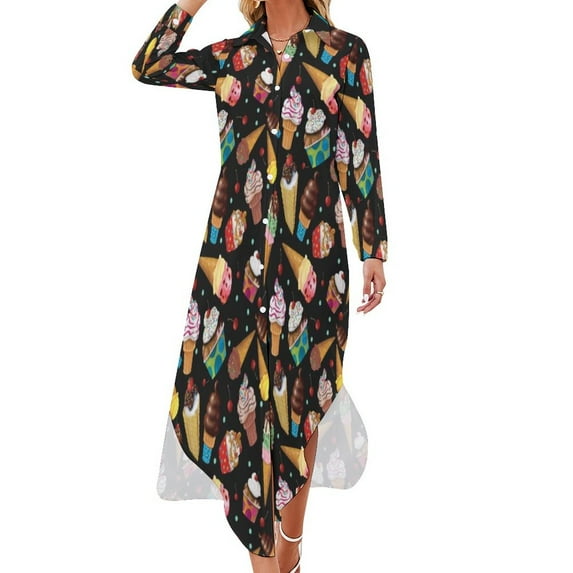 2024 Cartoon Ice Cream Casual Dress Foodie Aesthetic Dresses Long Sleeve Trendy Chiffon Dress Womens V Neck Pattern Oversized Clothes