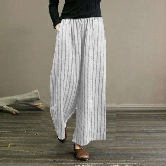 2025 Casual Striped Linen Pants Boho Pants for Women High Waist Wide Leg Ttousers Cotton Lightweight Palazzo Pantss