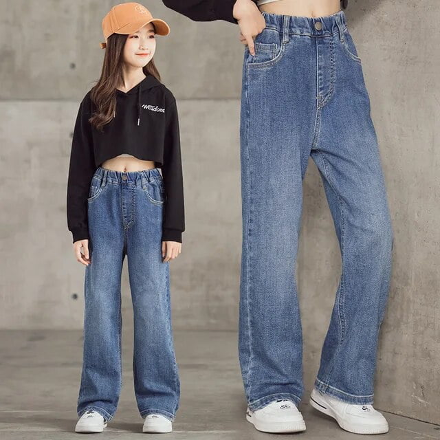Casual elastic high waist denim wide leg pants online