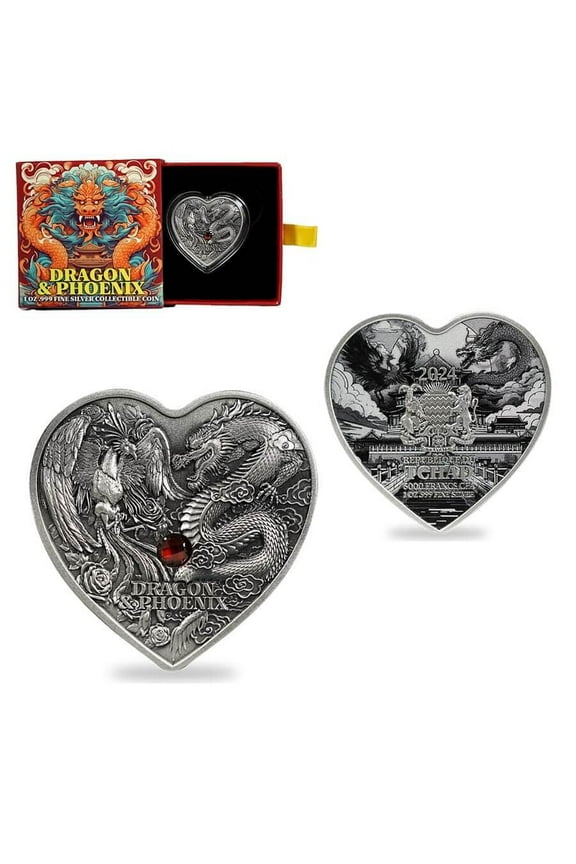 2024 Chad 1 oz Silver Dragon and Phoenix Heart-Shaped Coin .999 Fine