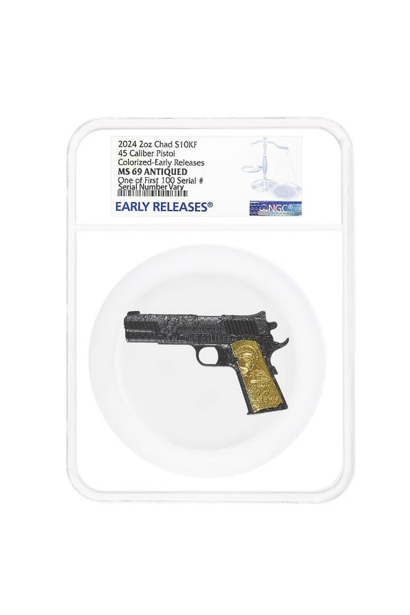 2024 Chad 2 oz Silver .45 Caliber Pistol Black & Gold NGC MS 69 ER One of First 100
