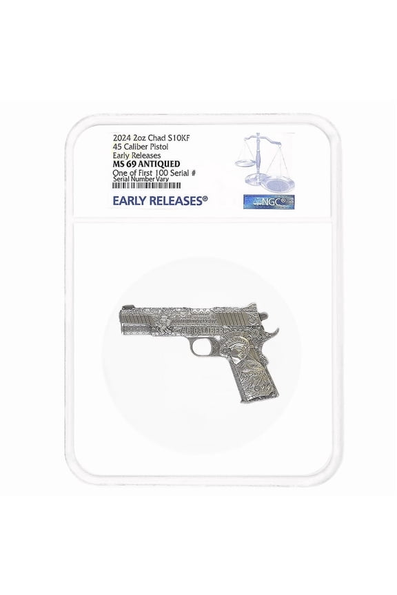 2024 Chad 2 oz Silver .45 Caliber Pistol NGC MS 69 ER One of First 100