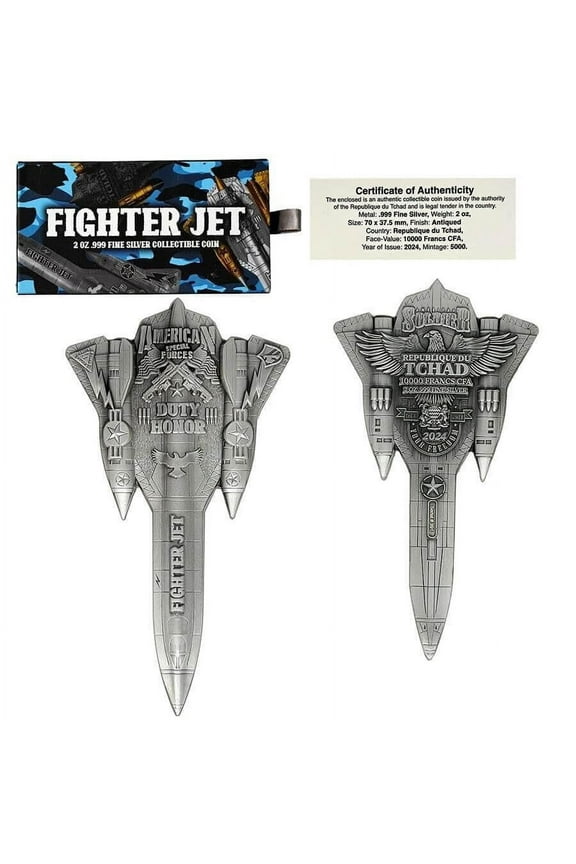 2024 Chad 2 oz Silver Fighter Jet Antiqued Shaped Coin .999 Fine