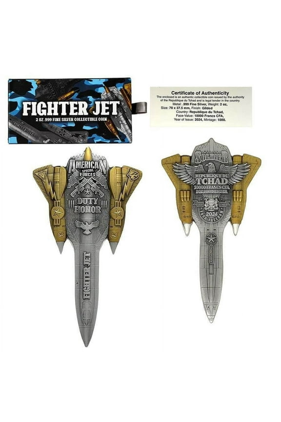 2024 Chad 2 oz Silver Fighter Jet Gilded Shaped Coin .999 Fine