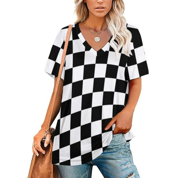 2024 Check Pattern Checks Checkered Black & White. New Fashion Zip Off Shoulder Top Short-Sleeve Women Shirt Check Checks