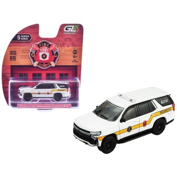 2024 Chevrolet Tahoe "Montgomery County Maryland Fire & Rescue Bethesda-Chevy Chase Rescue Squad" White with Yellow Stripes "Fire & Rescue" Series #5 1/64 Diecast Model Car by Greenlight