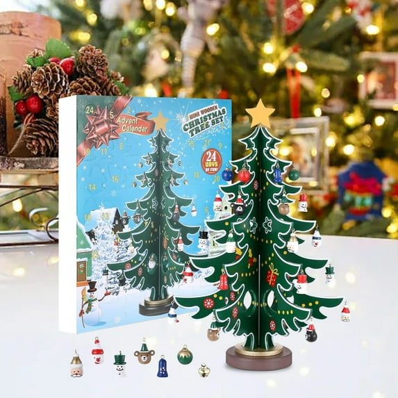 2024 Christmas Advent Calendar 24 Day Countdown Wooden Tree DIY Kit With 36 Ornaments Holiday Decoration Set