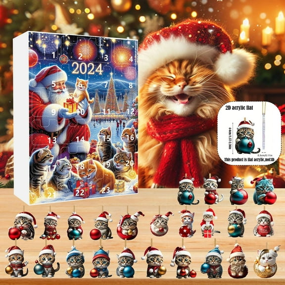 2024 Christmas Advent Calendar Set 2D Cute Cat Ornaments Holiday Tree Decorations Festive Countdown Home Kit