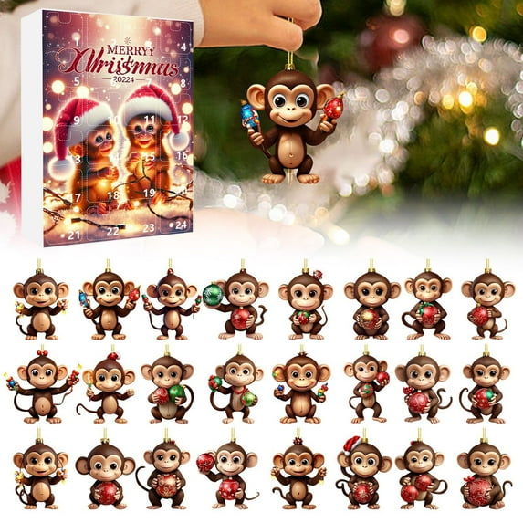 Christmas Countdown Sets 2D Ornaments Holiday Advent Calendar Cute Monkey Decorations with Balloons for Festive Home 24pcs