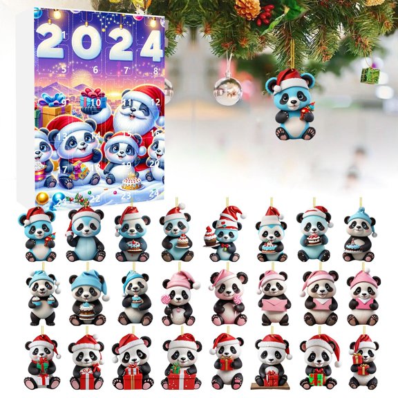 2024 Christmas Advent Calendar Set 2D Panda Ornaments with Santa Hat Holiday Tree Decorations Festive Countdown Kit for Home