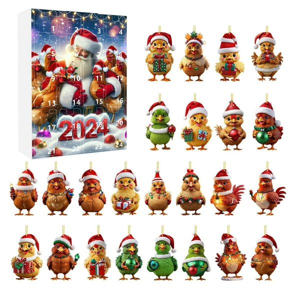 2024 Christmas Holiday Advent Calendar Set with 2D Santa Hat Chicken Ornaments for Festive Home Tree Countdown
