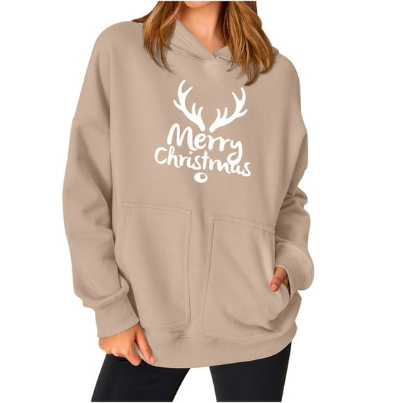 2024 Christmas Baggy Hoodies Ladies Letter Print Graphic Sweatshirt with 2 Pockets Casual Pullover Tops Loose (Medium, Khaki)