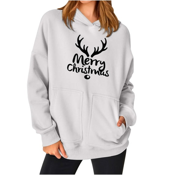 2024 Christmas Baggy Hoodies Ladies Letter Print Graphic Sweatshirt with 2 Pockets Casual Pullover Tops Loose (X-Large, White)