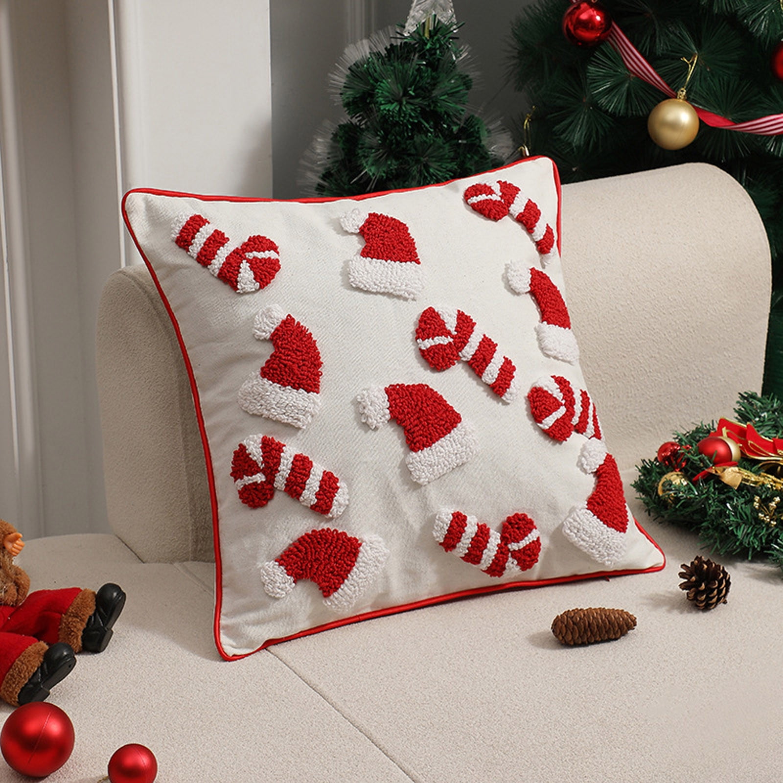 2024 Christmas Candy Cane And Santa Hat Pillow Covers Throw Pillow Soft