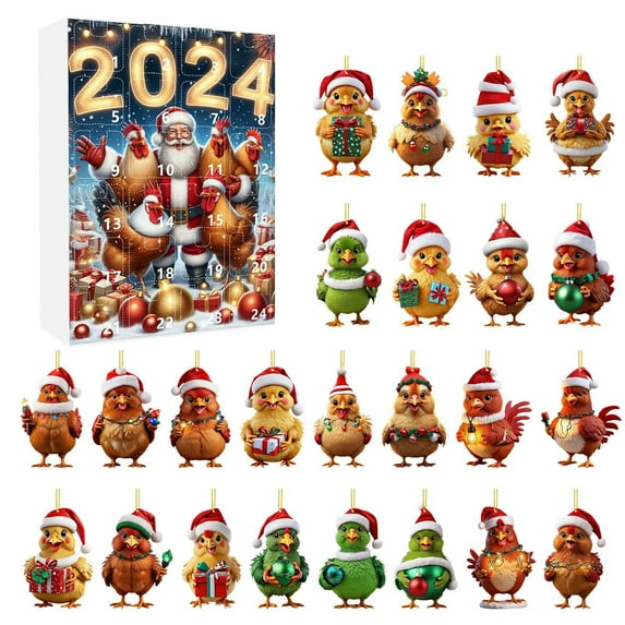 2024 Christmas Chicken Themed Advent Calendar with 24 Ornaments, Holiday Home Decoration Set with Farm Animal Design - Gold