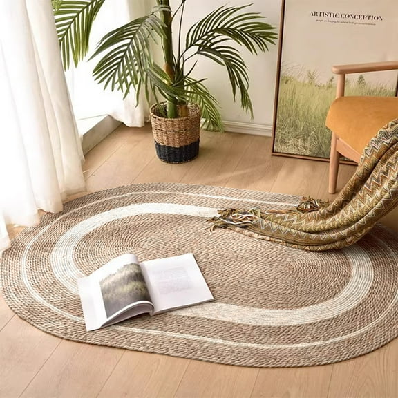 Rvasteizo Area Rug, Rattan Plaited Grass Rope Home Multi-purpose Oval Carpet Floor Mat Bedroom Hotel Model Room Decorative Mat, Brown, 75x50cm/30x20in