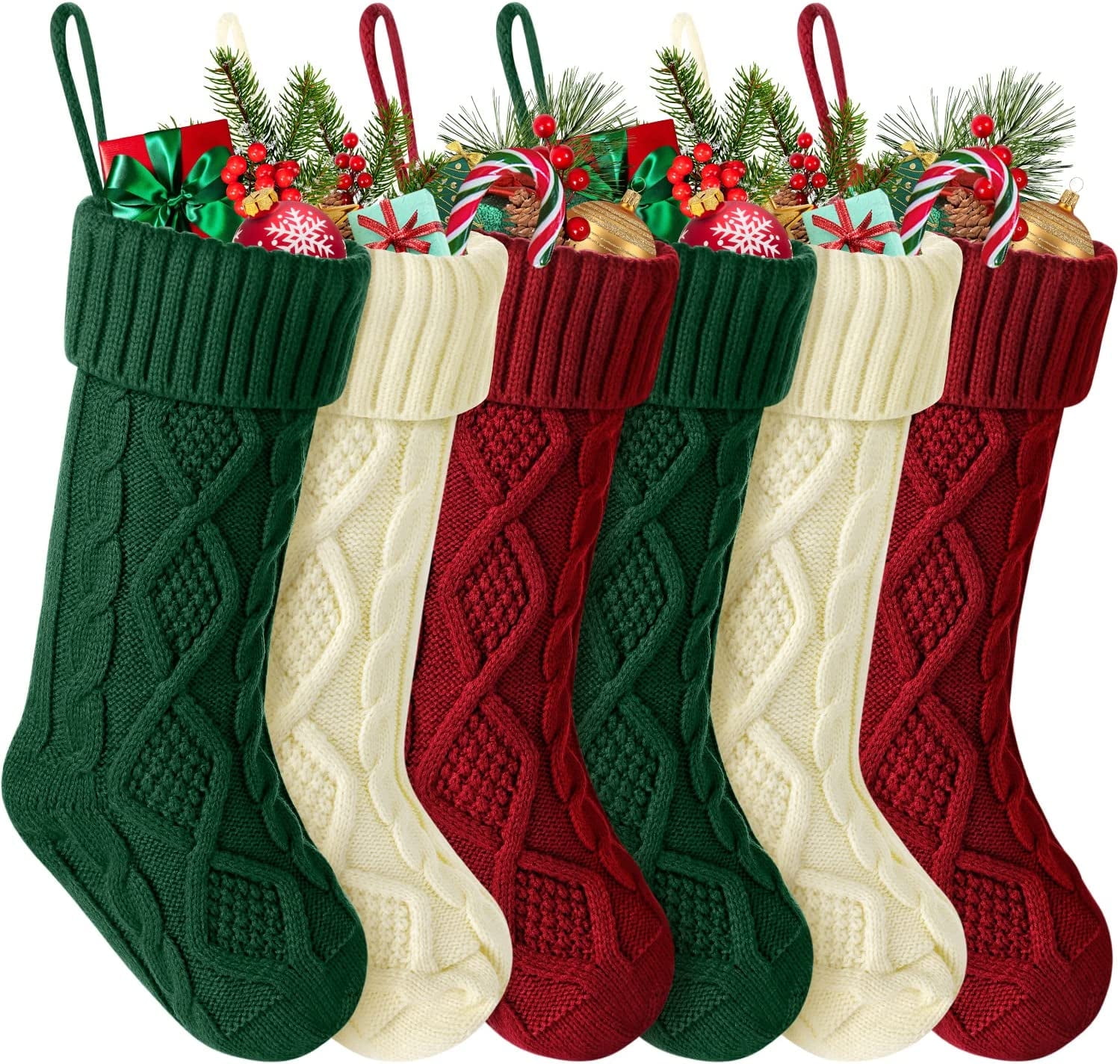Set of 6 Burgundy, Ivory, and Green Knit Christmas Stockings