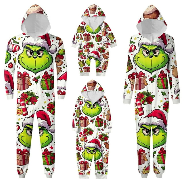 2024 Christmas Grinch Family Matching Outfits, Grinch Fashion Print Hooded Pajamas for Baby Kid