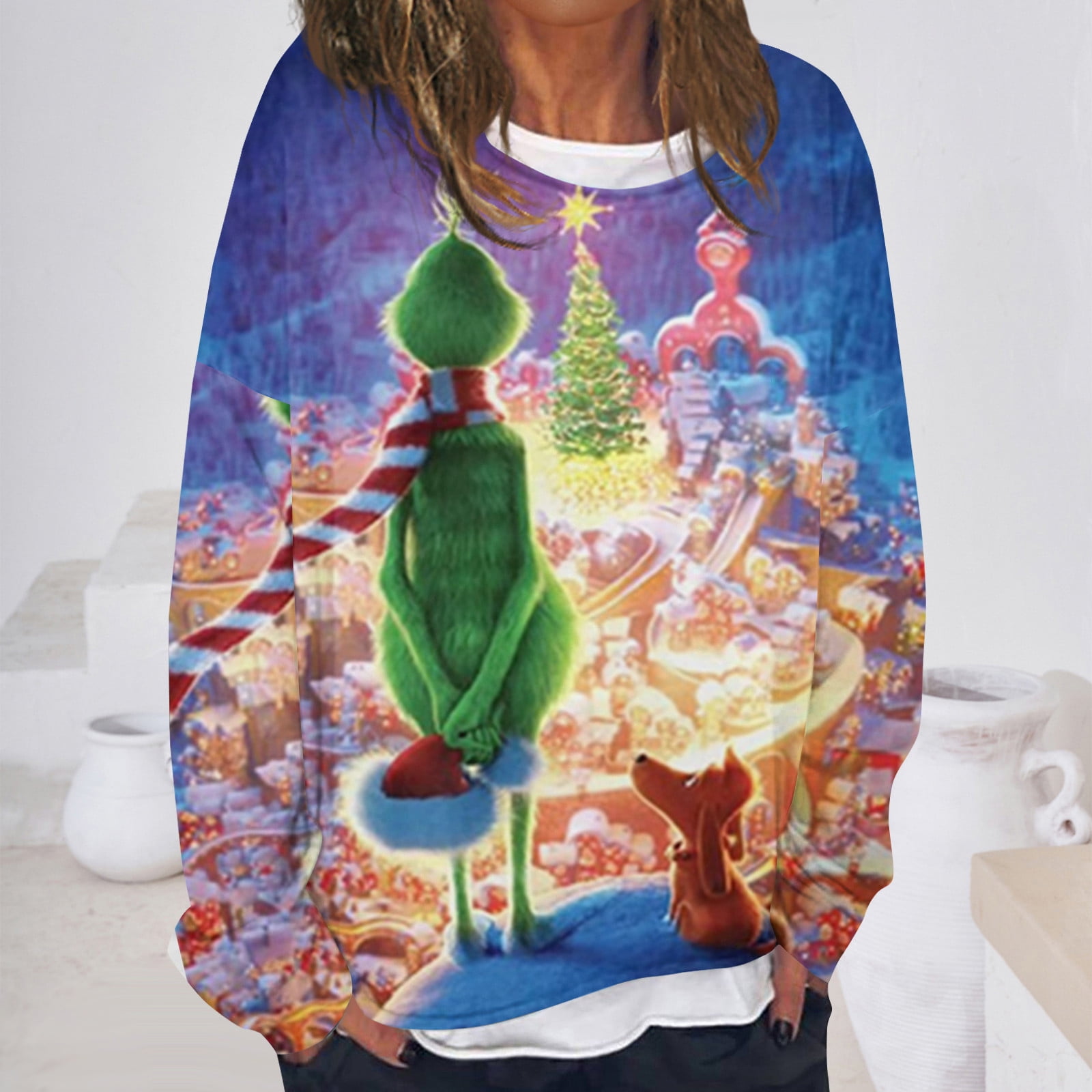 2024 Christmas GrinchPrinted Sweatshirt, Autumn Loose Fit Long Sleeve Round Neck Sweatshirt