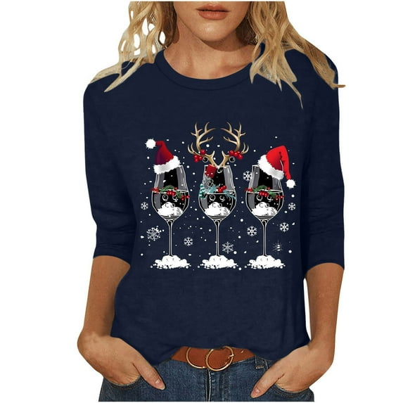 2024 Christmas Shirts for Women Casual Red Wine Glass Graphic Tees Trendy 3/4 Sleeve Tops Xmas Holiday T-Shirt Ladies Cute Snowflake Crewneck Tunic Blouse,#8_Wine Glass_Navy,Large
