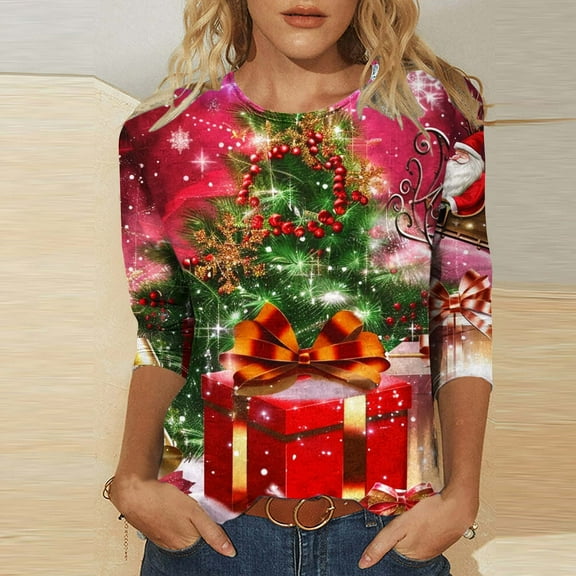 2025 Christmas Tops for Women Plus Size 3X ,3/4 Sleeve Christmas Blouses for Women - Trendy Fit,Christmas Tops for Women Sparkle - Red S