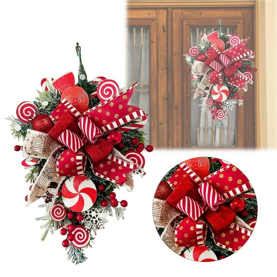 2024 Christmas Wreath for Front Door 19.69 Inch Red White Candy Cane Teardrop Swag with Ball Ornaments and Red Bow Outdoor Indoor Xmas Decor for Window Mantle Home Christmas Decoration