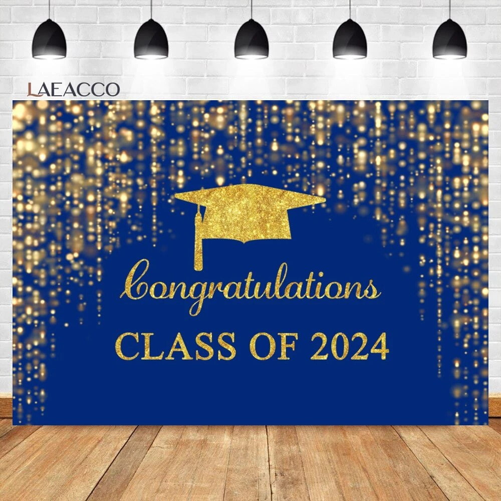 2024 Class Graduation Photography Backdrop Black And Gold Cap Balloon 