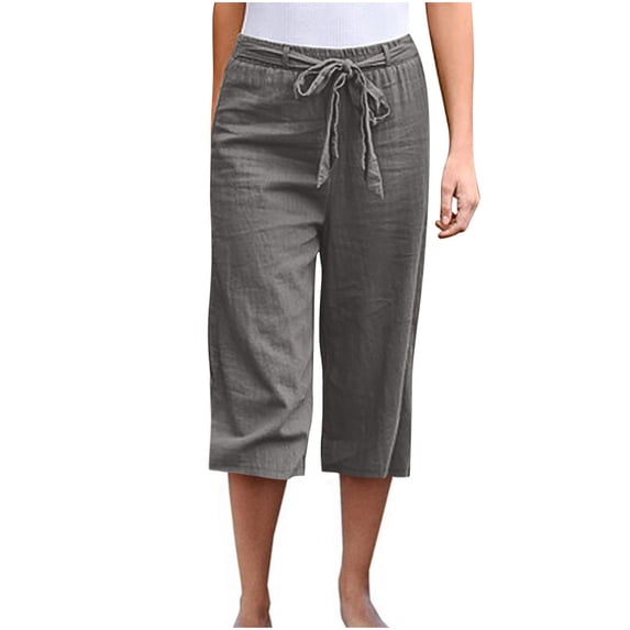 2026 under $5 JINMGG Shorts for Women $5 Women Casual Solid Color Cropped Trousers Bandage Pockets Elastic Waist Comfortable Straight Pants Dark Gray L