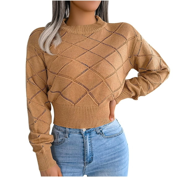 2026 ! JINMGG 2026 Fall Winter Plus Size Sweaters for Women ,Women's Fashion Solid Hollow Rhombic Lattice Pullover Long Sleeve Round-Neck Blouse T-Shirt Tops