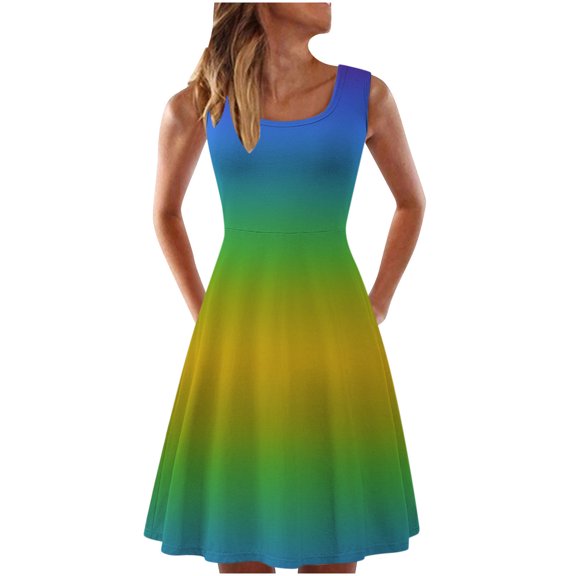 2026 ! JINMGG 2026 Summer Dresses under $10.00 Women's Casual Summer Tank Sleeveless Knee Length Pleated Sun Dresses Tie-Dye Gradient Rainbow Floral Print Dress