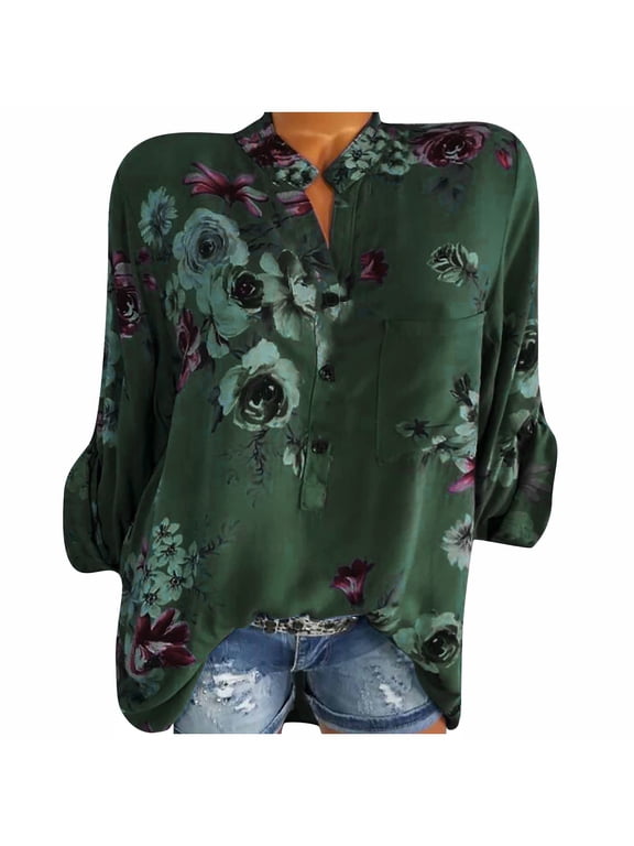 2026 ! JINMGG 2026 Womens Tops under $5 Tops for Women Casual Spring Summer Women's Fashion Elegant Floral Flower Print Pullover Button Casual Bottom Top