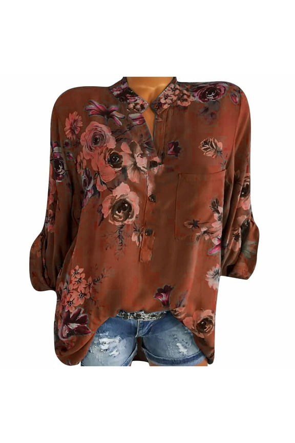 2026 ! Omexry 2026 Womens Tops under $5 Tops for Women Casual Spring Summer Women's Fashion Elegant Floral Flower Print Pullover Button Casual Bottom Top